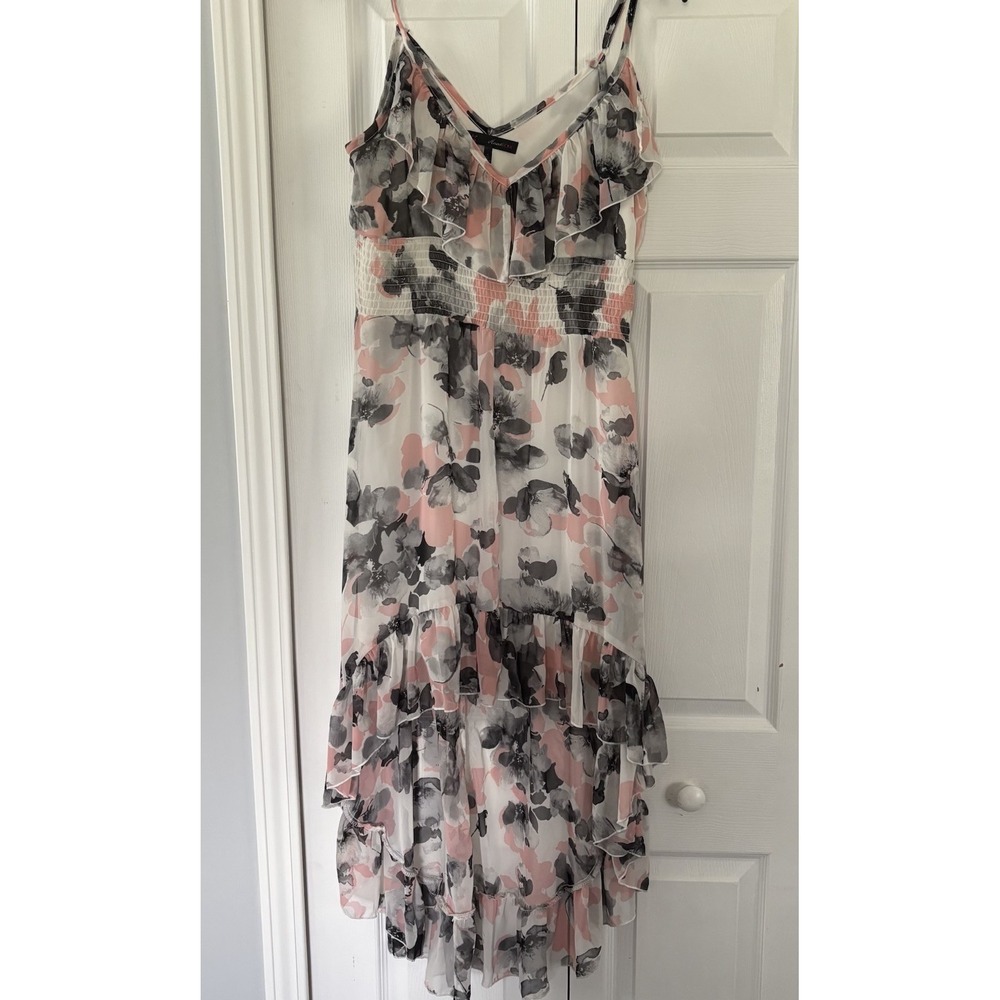 HS Heart Soul Dress Womens M Pink Gray Floral Ruffle Hi Low Cottage Garden Fairy